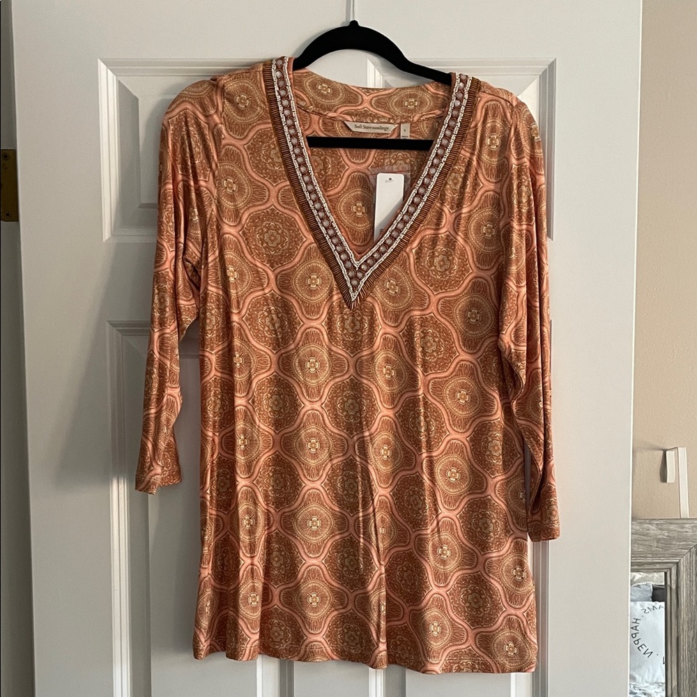 Elegant V-Neck Patterned Women's Top with beautiful beading accents.